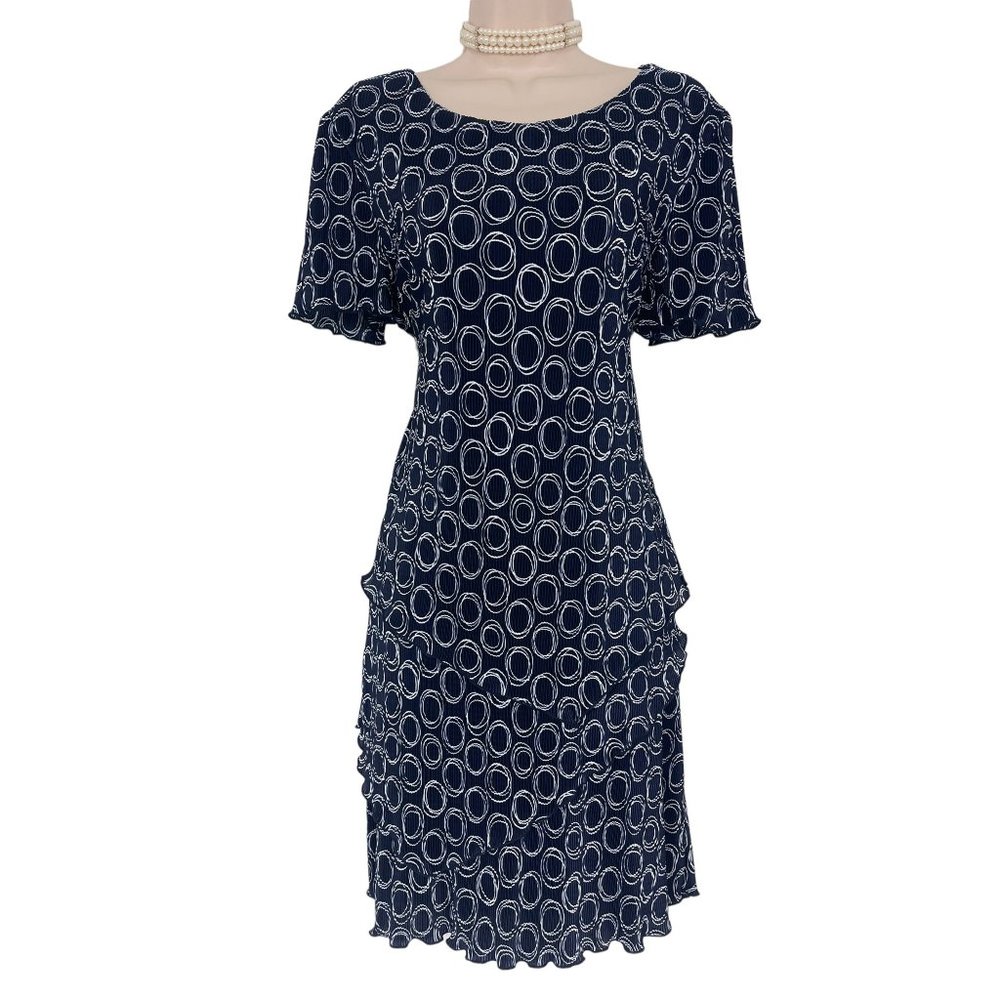 Size 12 NAVY ACCORDION BODRE CIRCLE PRINT DRESS Wedding Mother of Bride Evening